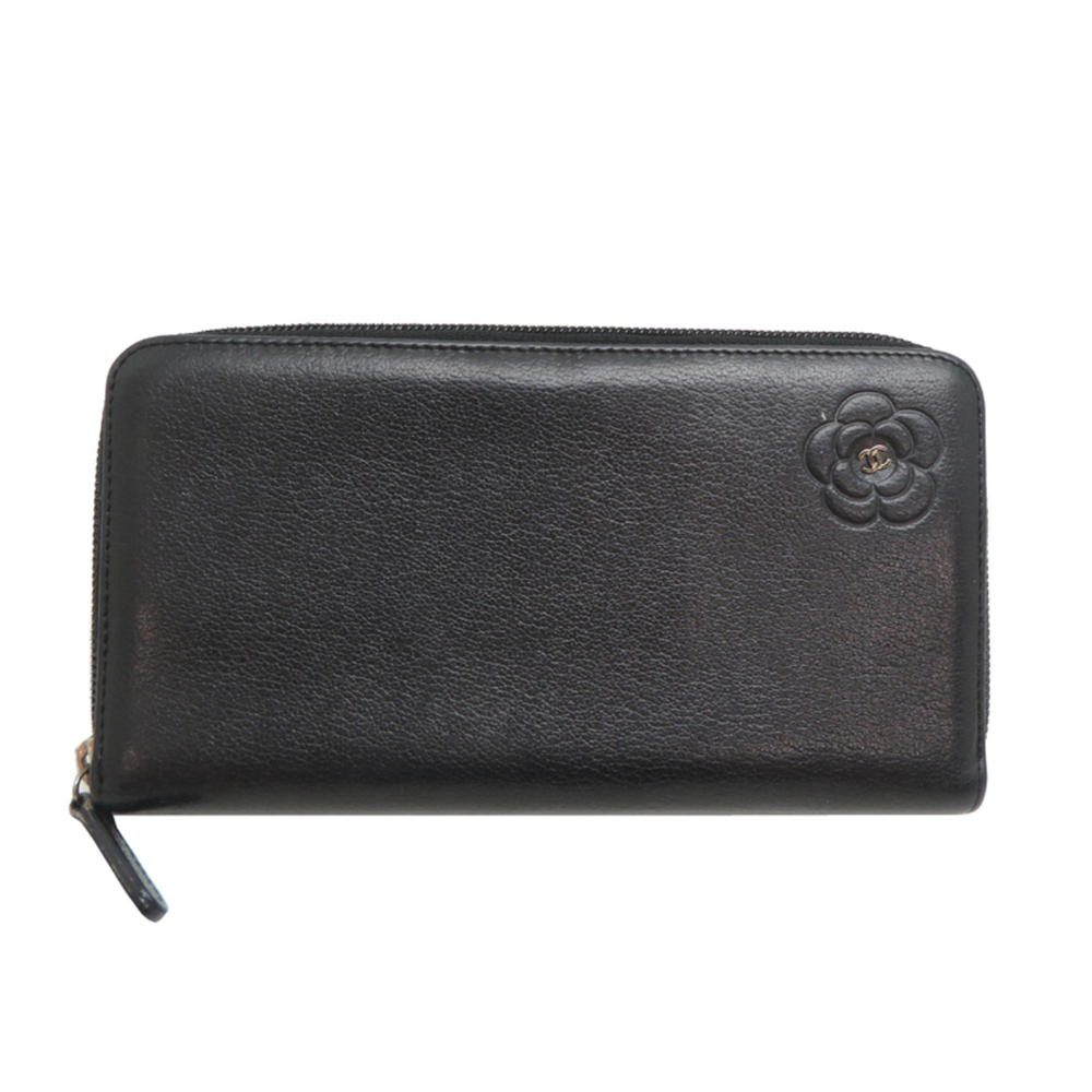 Chanel Camellia Coco Mark Round Zipper Women's Long Wallet A46506 Leather Black